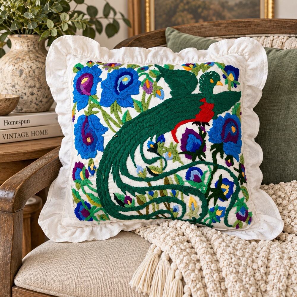 Vintage Handmade Embroidered Peacock Pillow Floral Folk Art Boho Ruffle 16”